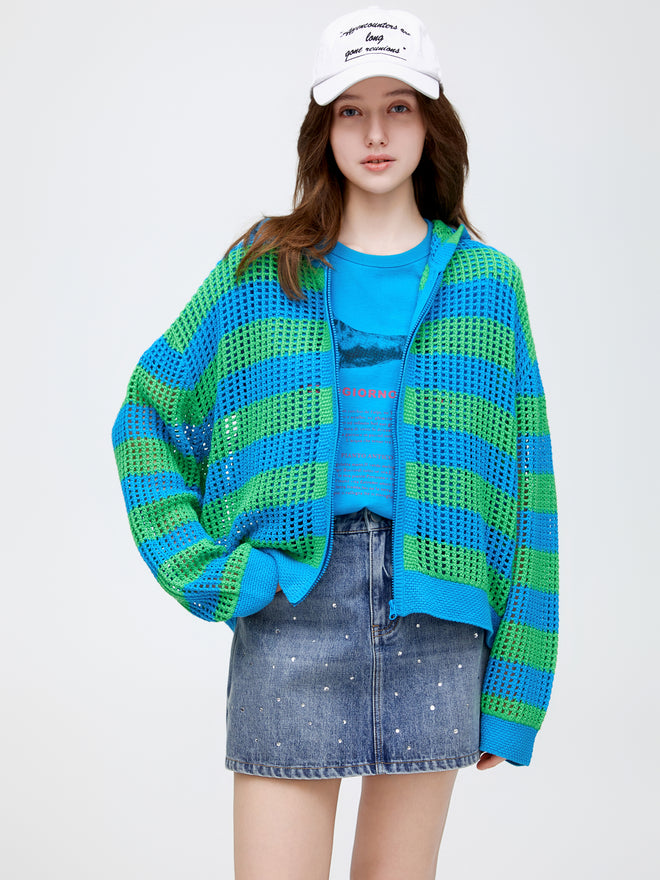 Cardigan rayé bleu et vert
