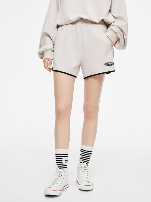 Beige Piped Gym Shorts