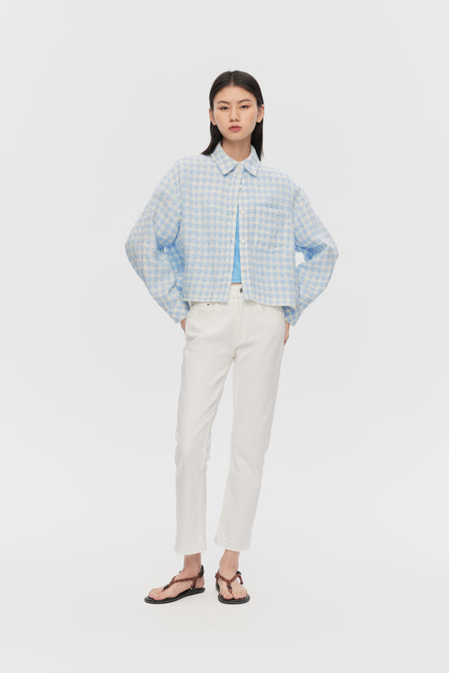 クリームブルーシャンブレーショートジャケット