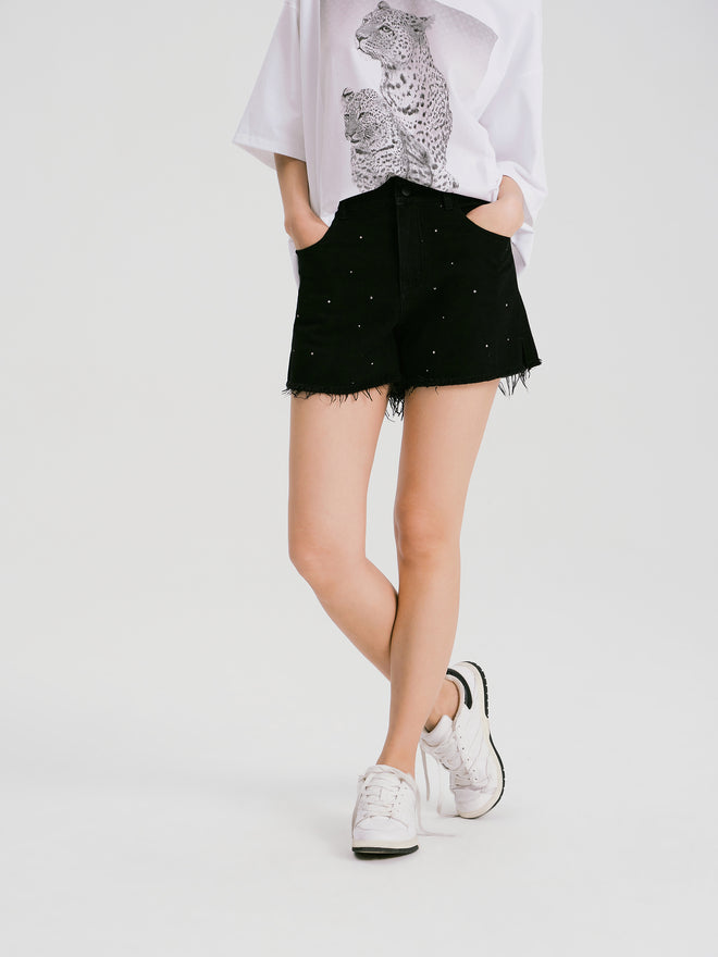 Short en jean à bordure en toile de jute-Noir
