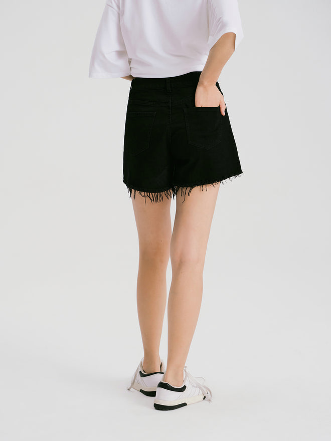 Short en jean à bordure en toile de jute-Noir