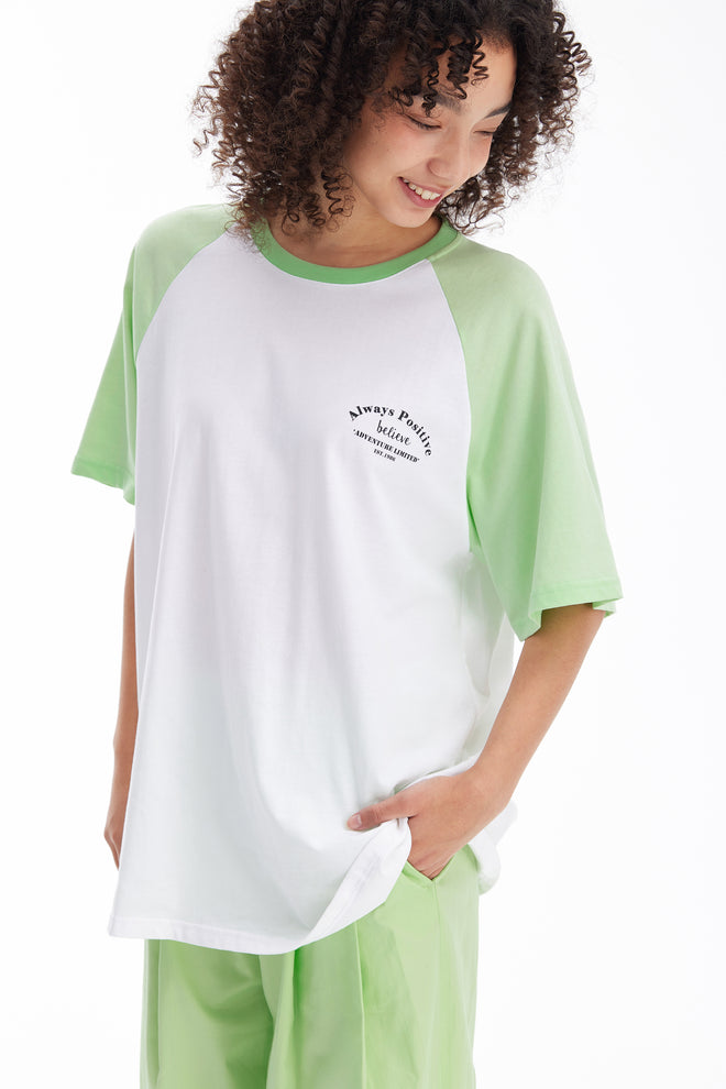 Color Blocking Sleeve Tee-Green