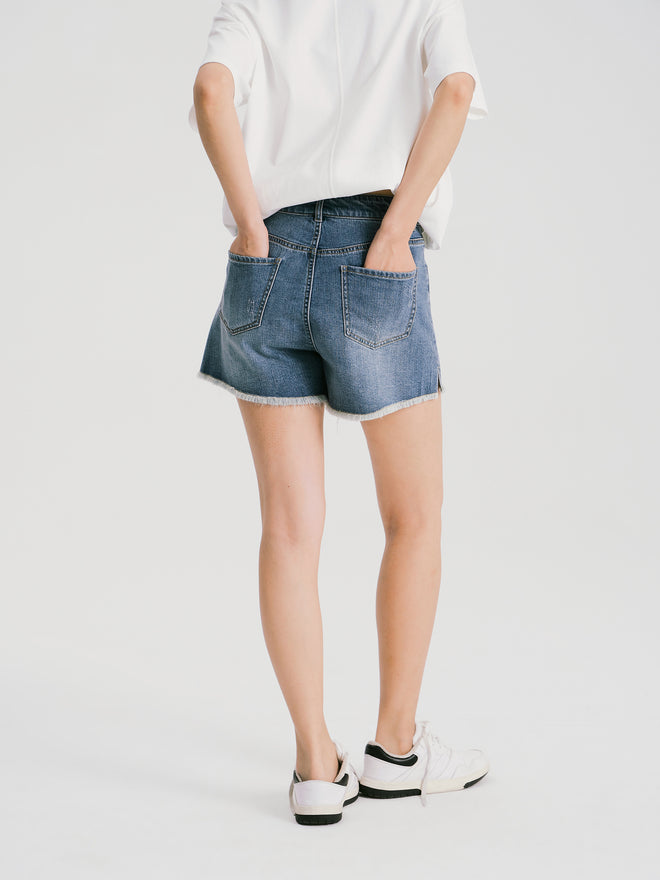 Burlap Trim Denim Shorts-Grey Blue