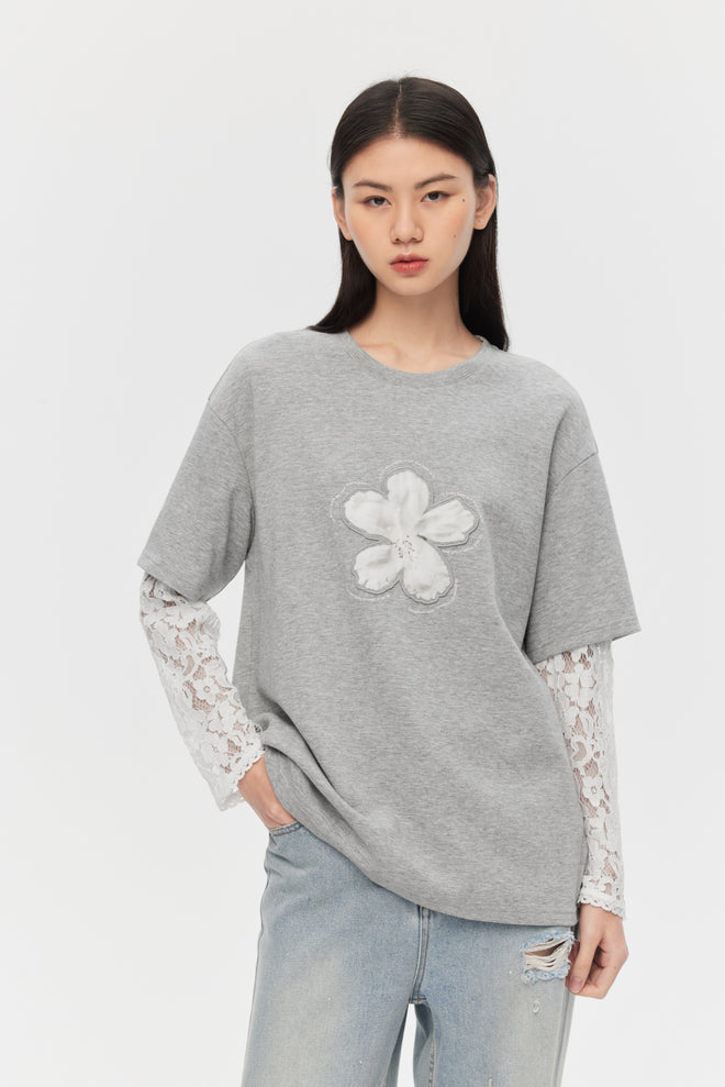 T-shirt deux pièces à manches longues en fausse dentelle