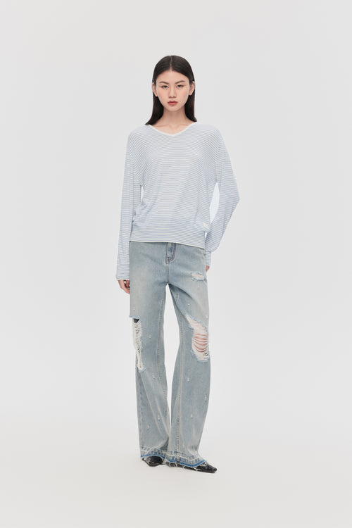 Pull rayé bleu poudre