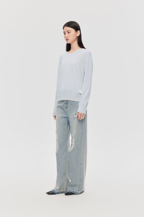 Pull rayé bleu poudre