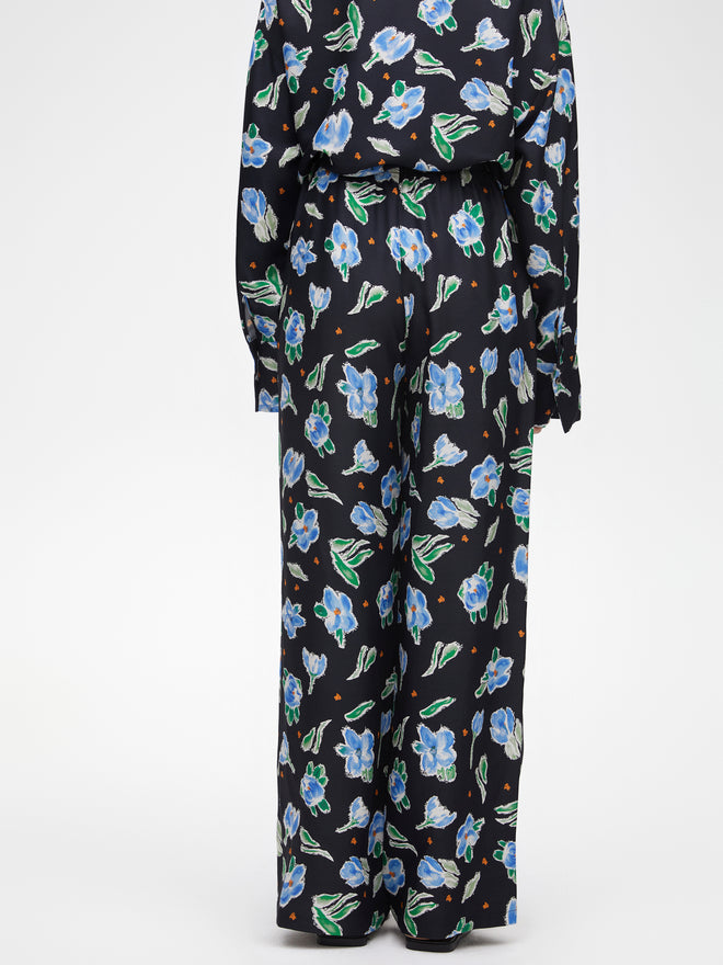 Pantalon en laine et soie fleurie