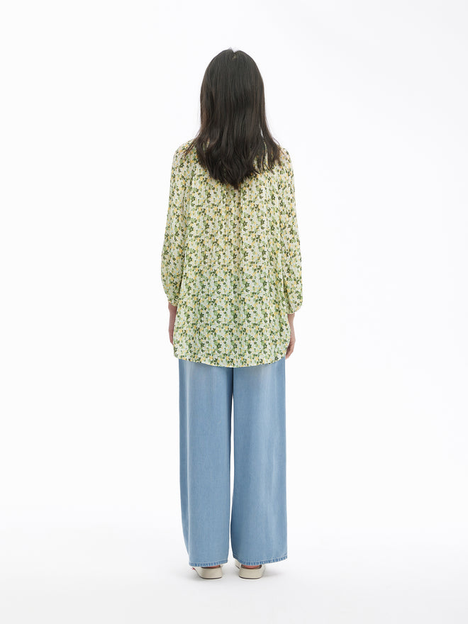 Floral Silk Stacked Pleat Pullover