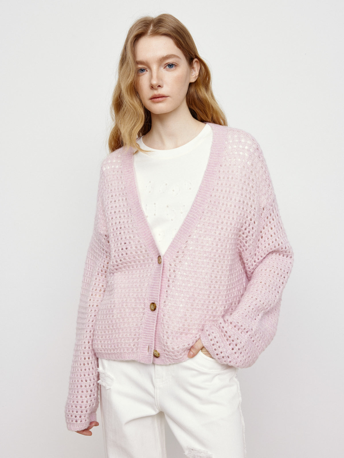pois double mesh Cardigan ピンク Soft Pink Mesh Cardigan – Urlazh New York