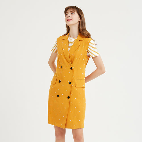 Crisp Hemp Polka Dot Embroidered Dress
