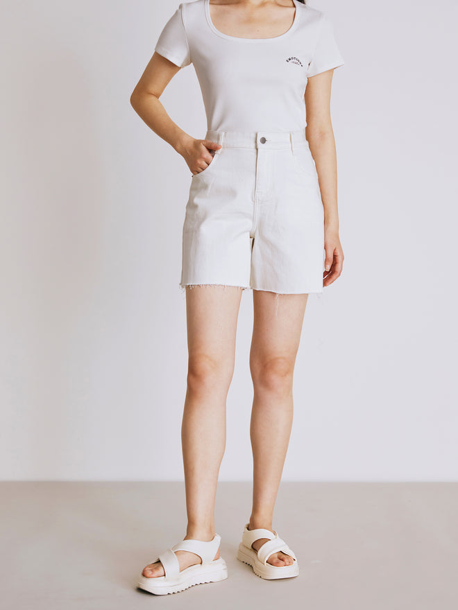 White Denim Fur-Trimmed Shorts