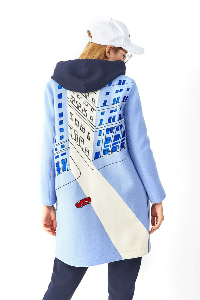 Blue Perspective Street View Embroidered Wool Coat - Urlazh New York