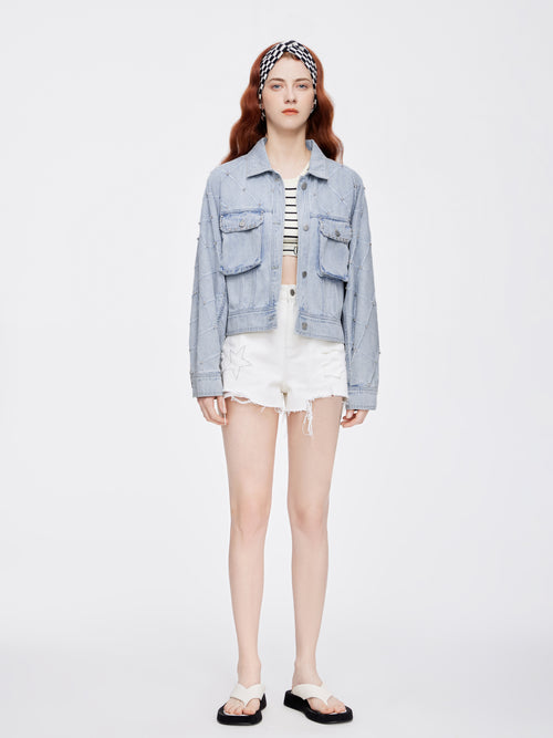 Rhinestone Frayed Cropped Denim Jacket - Urlazh New York