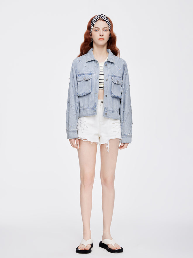 Rhinestone Frayed Cropped Denim Jacket - Urlazh New York