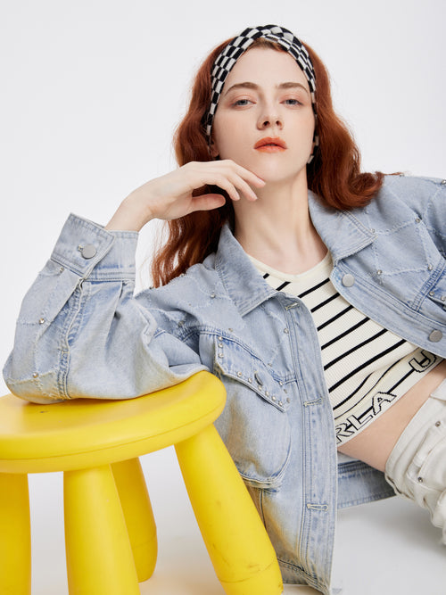 Rhinestone Frayed Cropped Denim Jacket - Urlazh New York