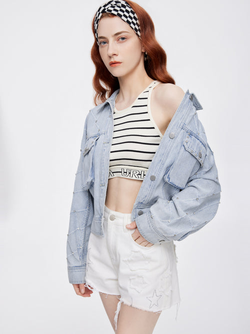 Rhinestone Frayed Cropped Denim Jacket - Urlazh New York