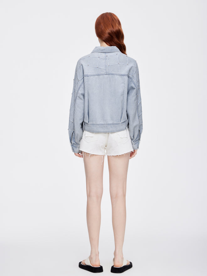 Rhinestone Frayed Cropped Denim Jacket - Urlazh New York