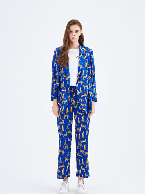 Cobalt Leopard Printed Silk Pants - Urlazh New York