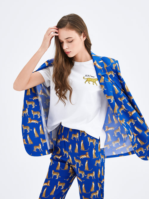Cobalt Leopard Printed Silk Pants - Urlazh New York
