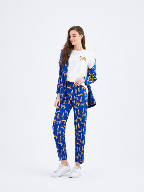 Cobalt Leopard Printed Silk Pants - Urlazh New York