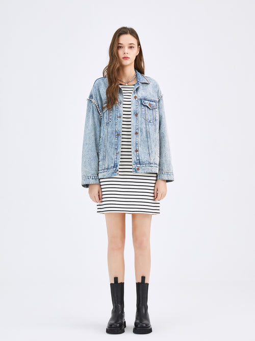 Rhinestone Embroidery Denim Jacket - Urlazh New York