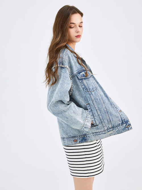Rhinestone Embroidery Denim Jacket - Urlazh New York
