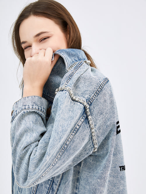 Rhinestone Embroidery Denim Jacket - Urlazh New York