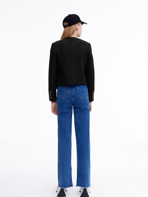 Cropped Collarless Tweed Jacket - Urlazh New York