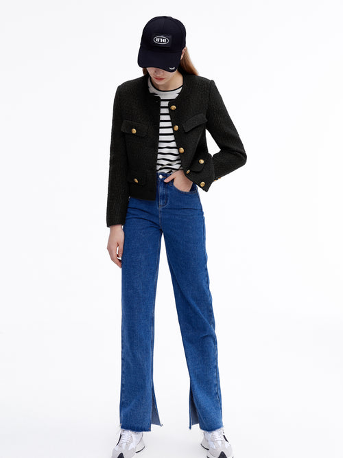 Cropped Collarless Tweed Jacket - Urlazh New York