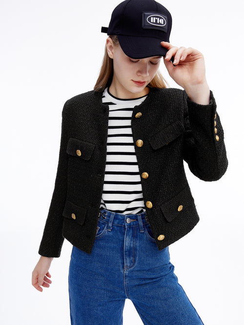 Cropped Collarless Tweed Jacket - Urlazh New York