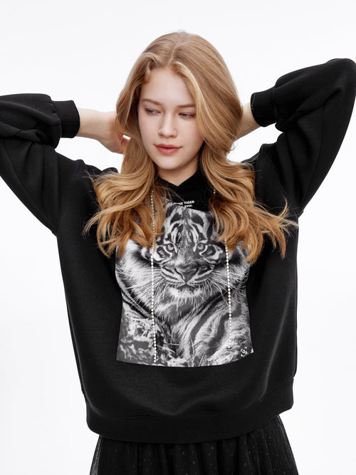 B&W Tiger Portrait Hoodie - Urlazh New York