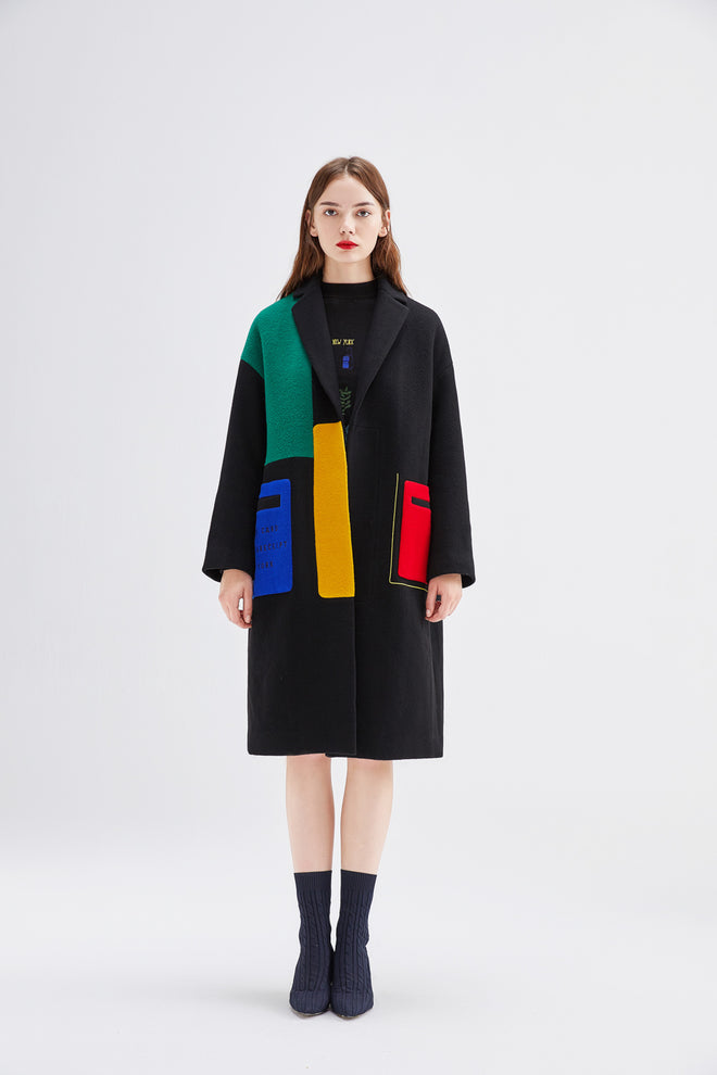 Manteau en laine color block noir NYC
