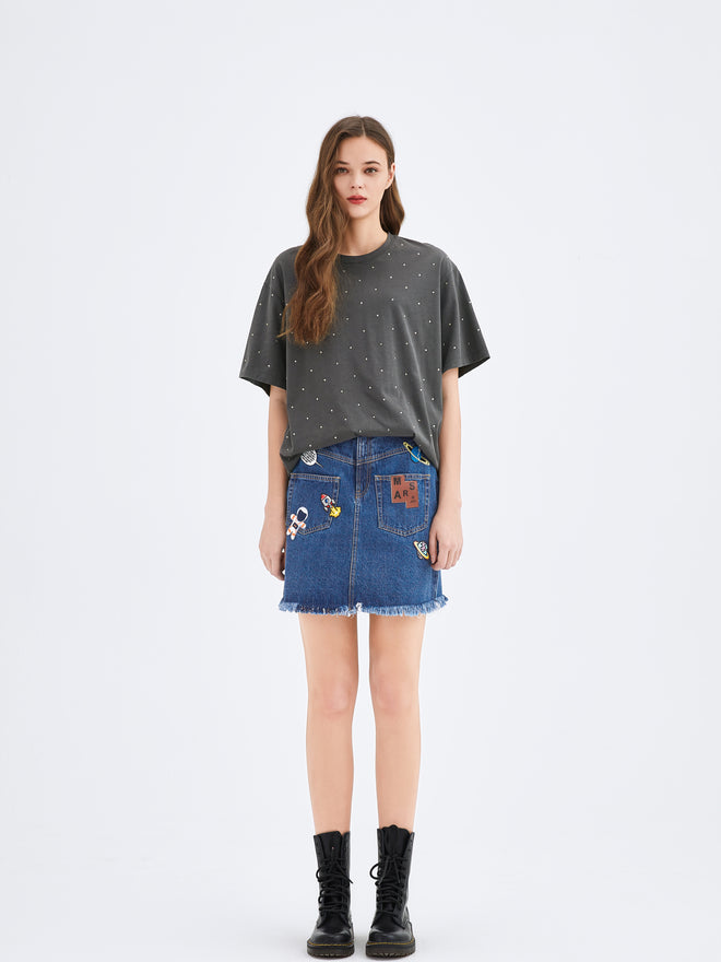 Space Printed Denim Skirt - Urlazh New York