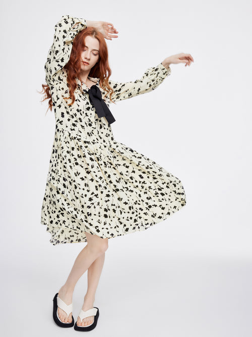 Ink Floral Bow-tie Flared Dress - Urlazh New York