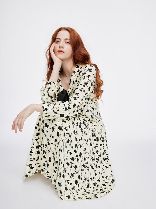 Ink Floral Bow-tie Flared Dress - Urlazh New York