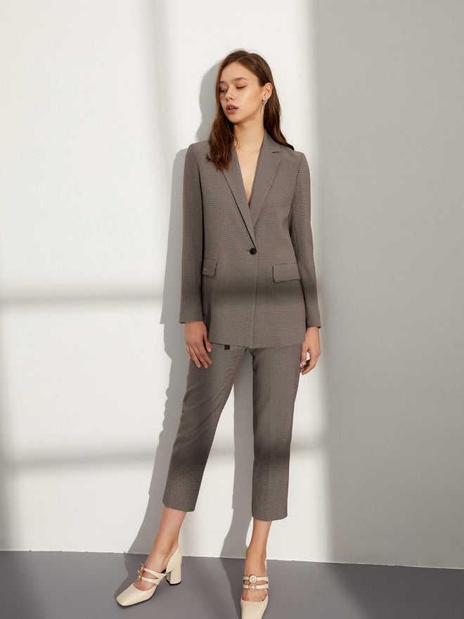 Latte Houndstooth Plaid Trousers - Urlazh New York