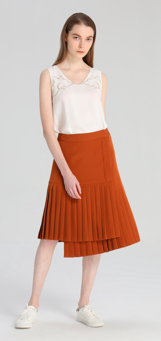 Burnt Orange Pleated Slant Skirt - Urlazh New York