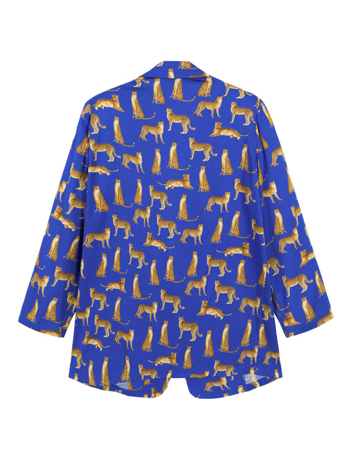 Cobalt Leopard Printed Silk Blazer - Urlazh New York