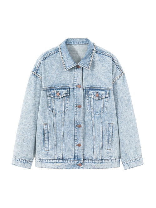 Rhinestone Embroidery Denim Jacket - Urlazh New York