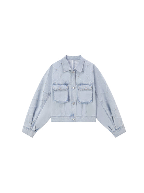 Rhinestone Frayed Cropped Denim Jacket - Urlazh New York