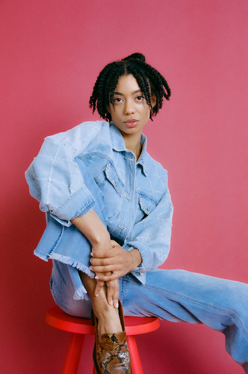 Rhinestone Frayed Cropped Denim Jacket - Urlazh New York