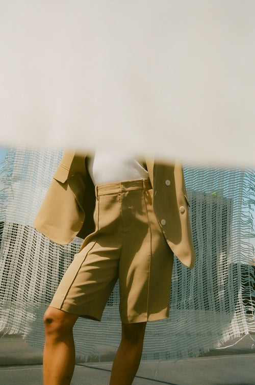 Camel Pleated Suit Shorts - Urlazh New York