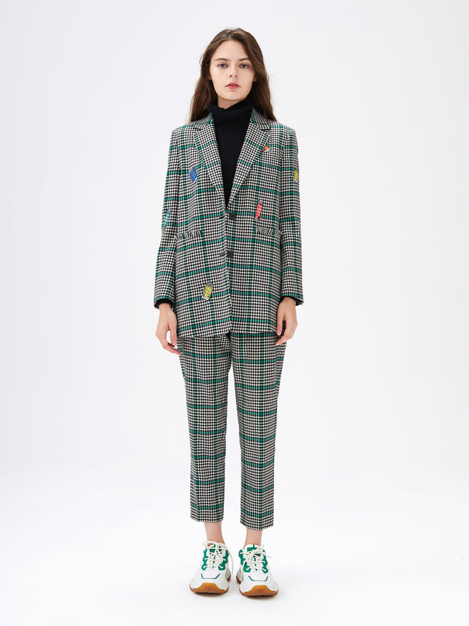 Grey & Green Wool Checked Cropped Trousers - Urlazh New York
