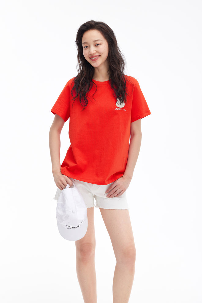 Simple Rabbit Patch Pattern Tee-Vermilion Red