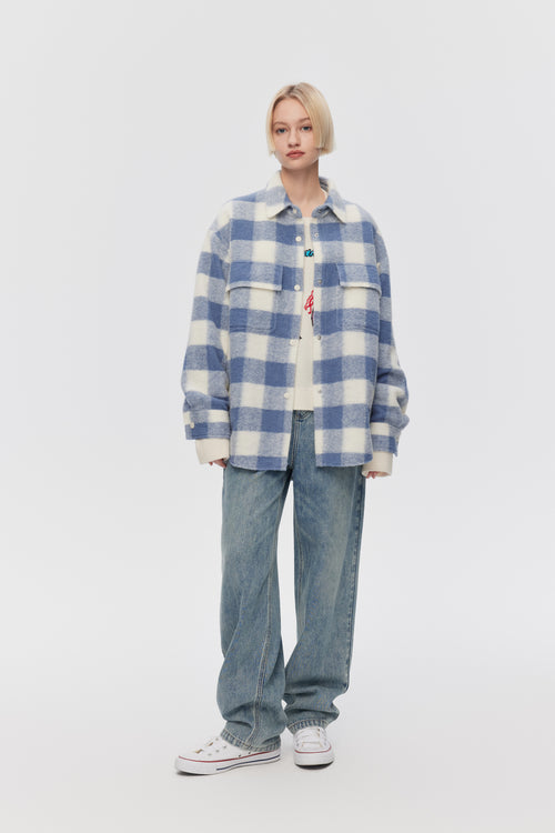 Cream Blue Plaid Coat