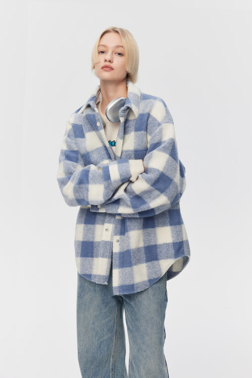 Cream Blue Plaid Coat