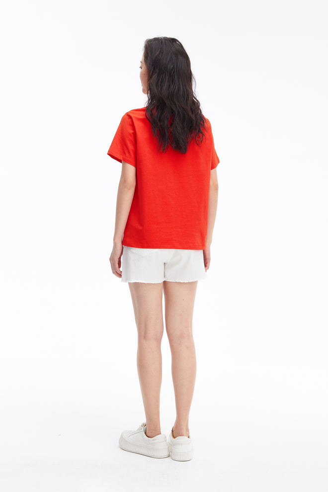 Simple Rabbit Patch Pattern Tee-Vermilion Red