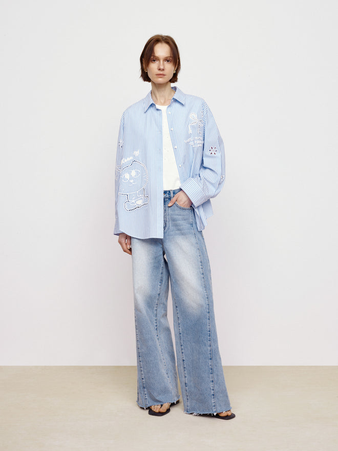 Hollow Embroidered Striped Shirt