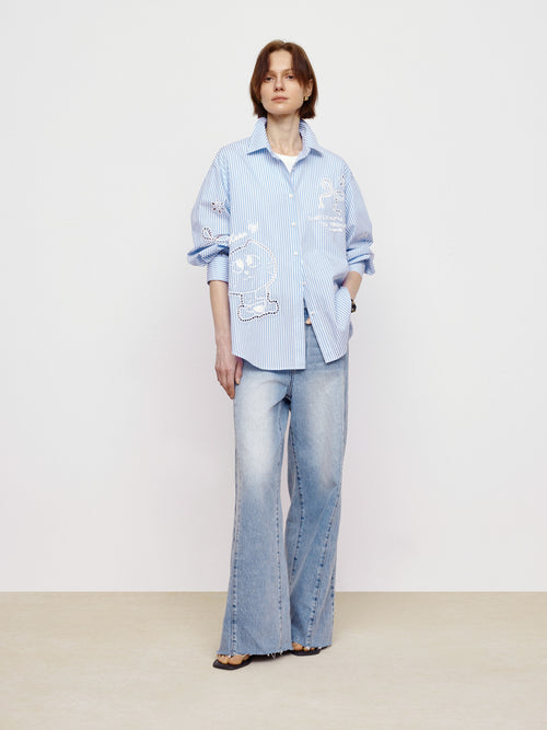 Hollow Embroidered Striped Shirt