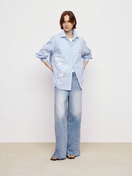 Hollow Embroidered Striped Shirt